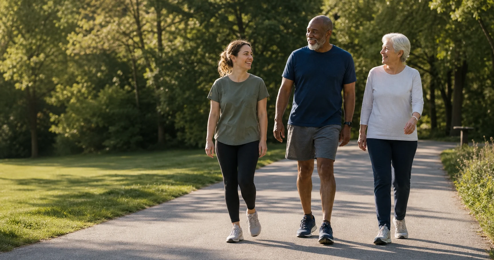 Three adults walking together on a park path